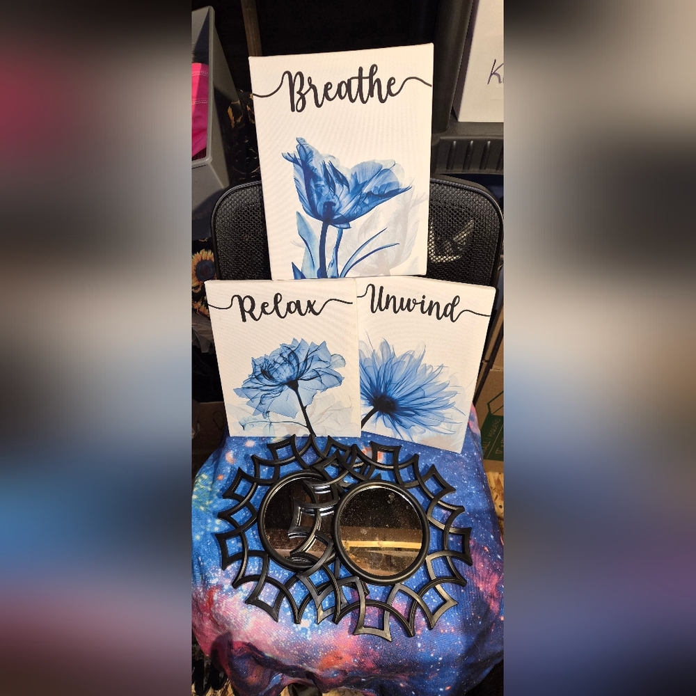 Blue Floral Relax and Unwind Wall Art Set